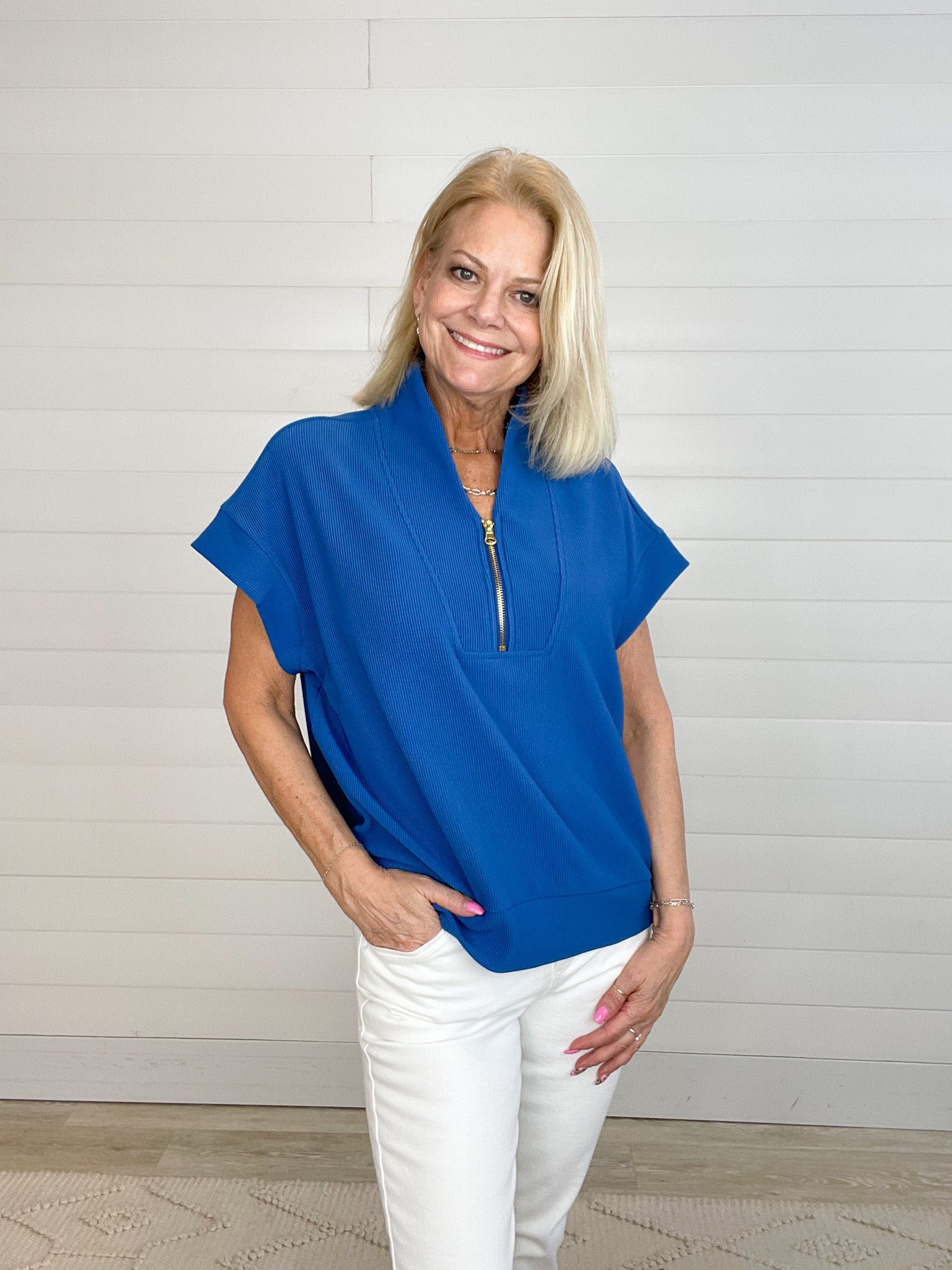 blue ribbed top with half zipper