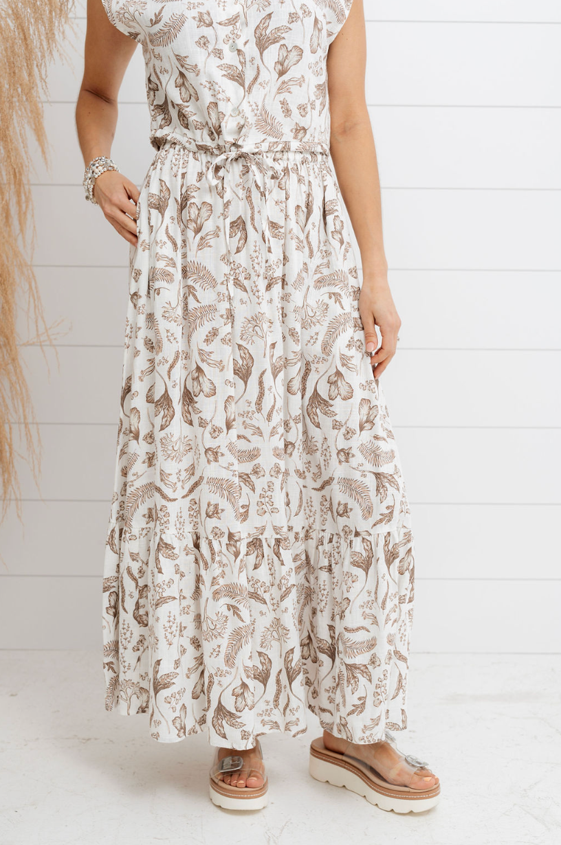 women's fashion skirt, drawstring, tiered skirt with a vintage-drawn botanical print, maxi length with elastic waist