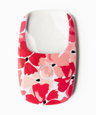  credit card size magnifying glass with LED light, small push button to activate light. 
White background with simple flowers in shades of pink with black dot centers