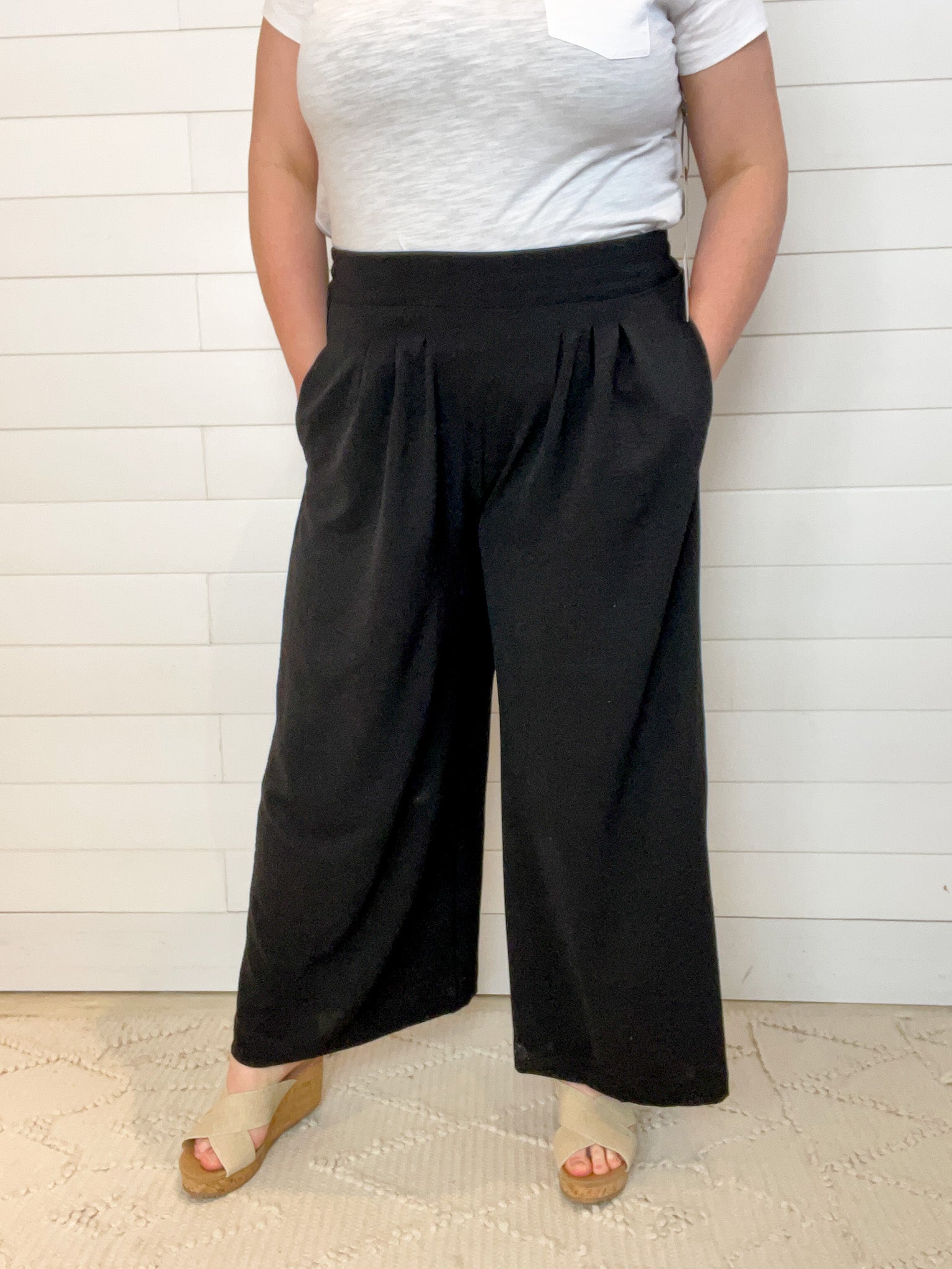 women's flowy dress pants with elastic waist and 3 pleats on each hip 