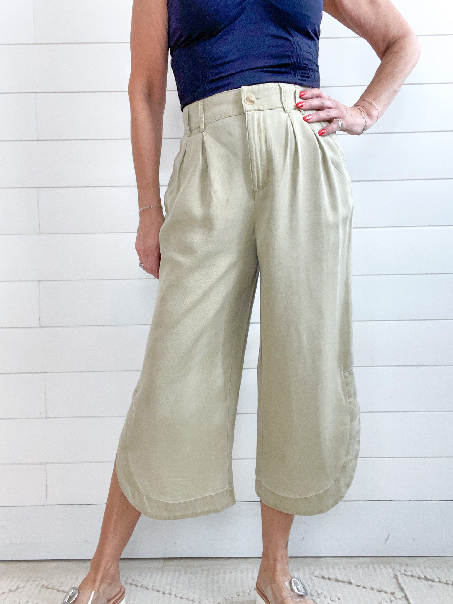 women's cropped light khaki wide leg pants with tulip hem