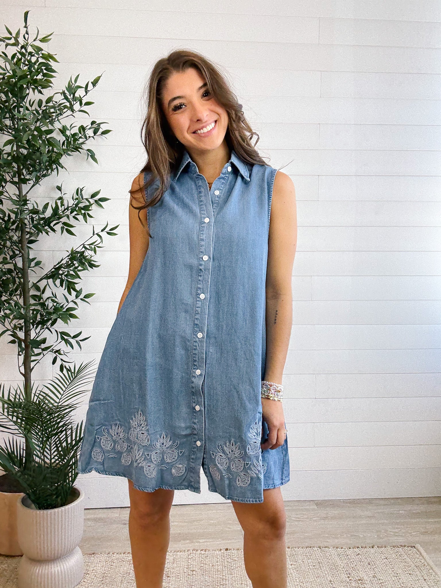 Eyelet Trim Lightweight Denim Sleeveless Dress