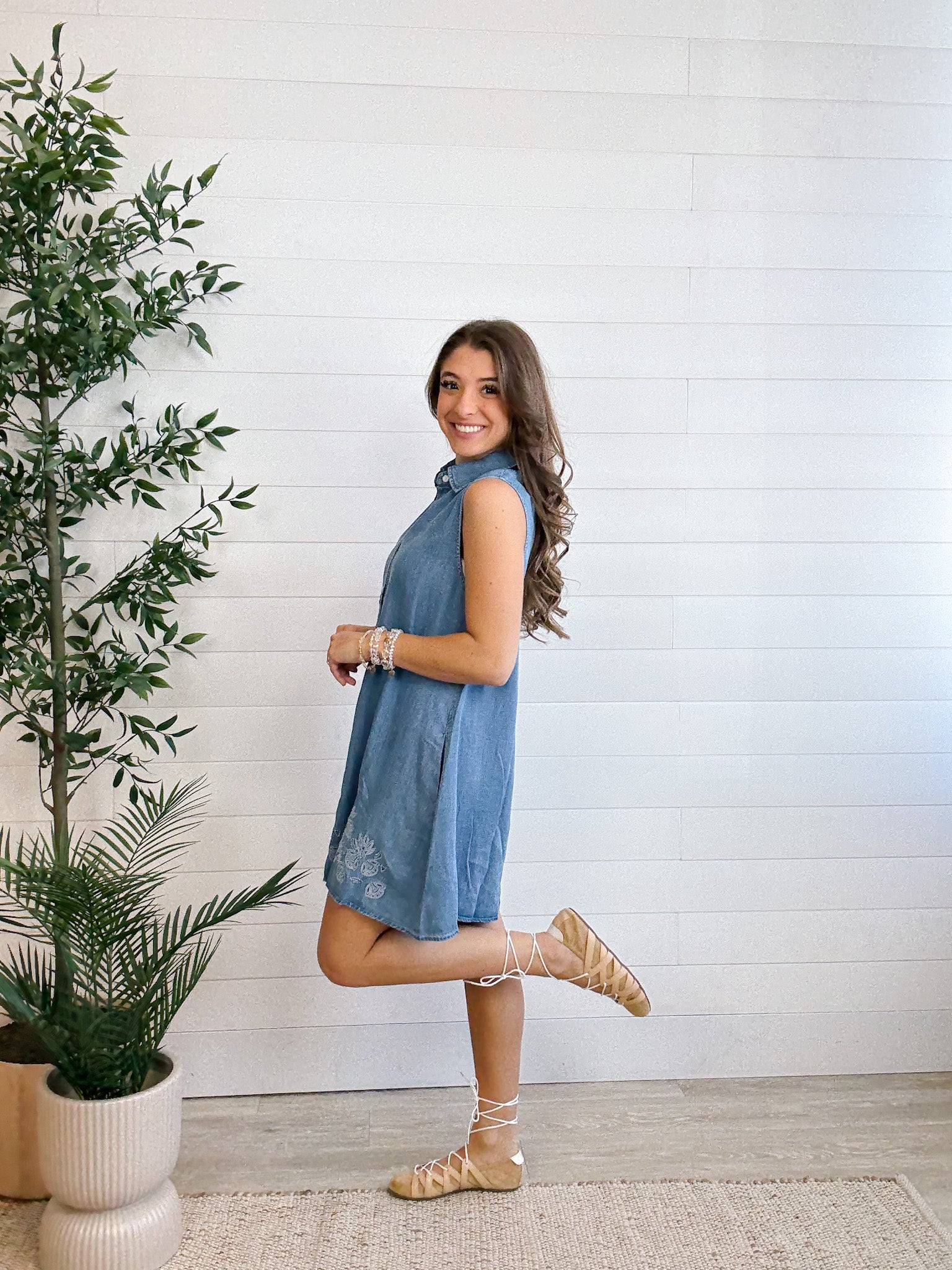 Eyelet Trim Lightweight Denim Sleeveless Dress Denim / M