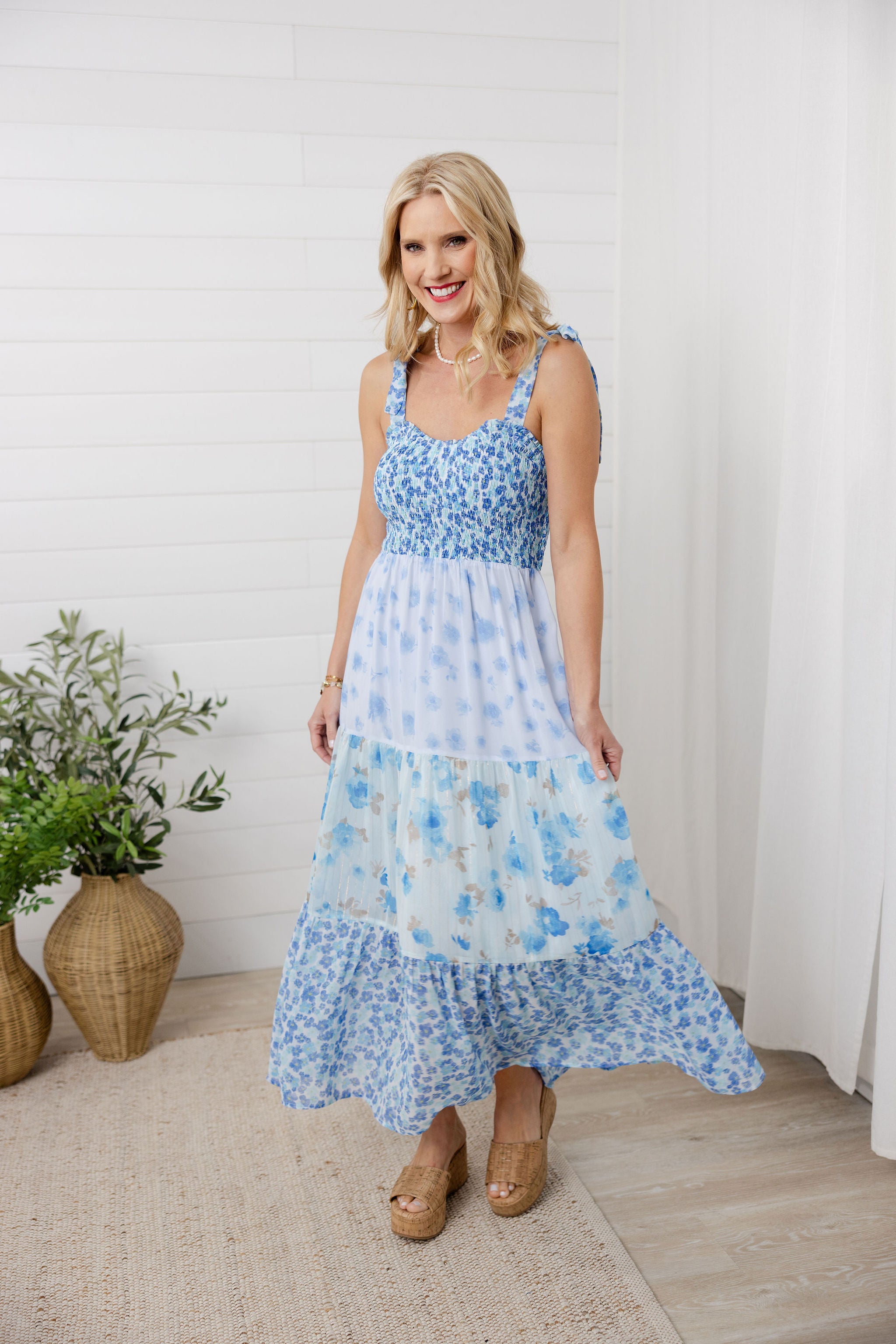 Smocked Tiered Maxi Dress with Tie Straps Ocean Blue / M