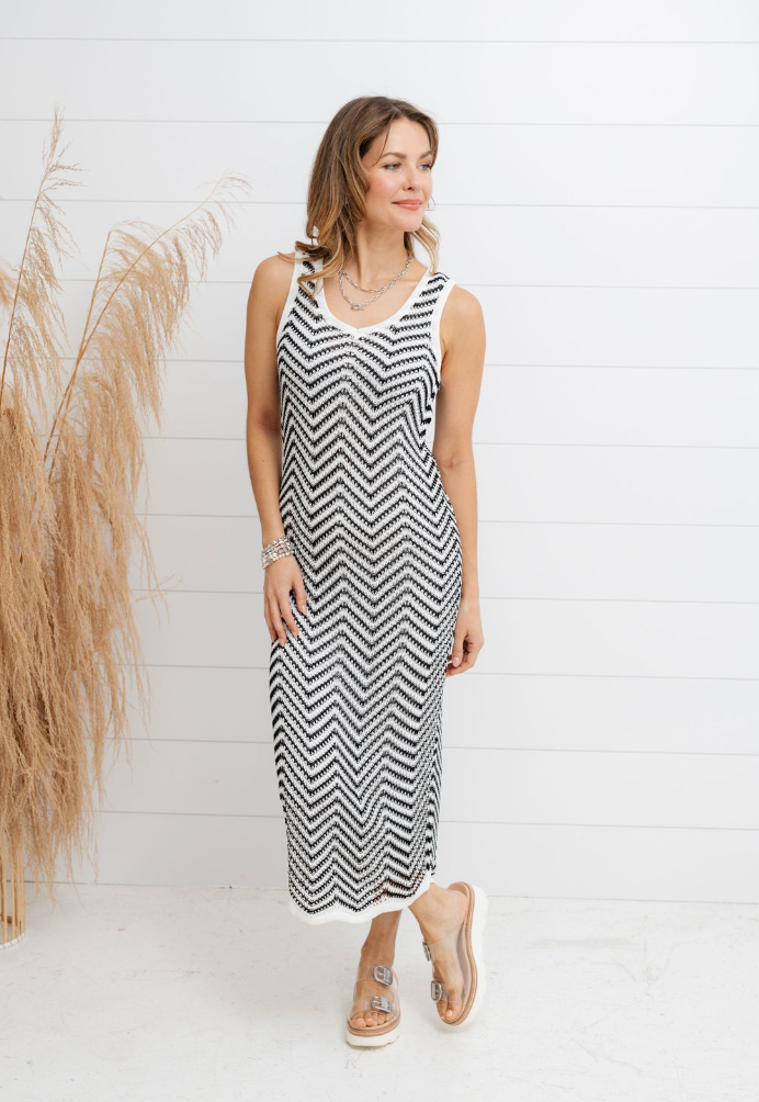 women's black and white chevron maxi dress, fully lined, top layer is crochet,  soft knit fabric and V neckline