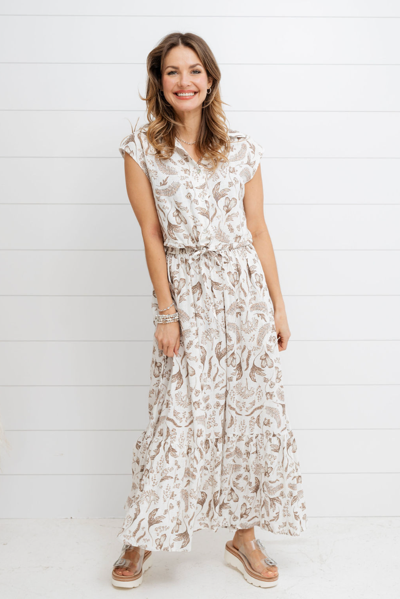 women's fashion skirt and matching top, drawstring, tiered skirt with a vintage-drawn botanical print, maxi length with elastic waist, shirt buttons down and has a collar