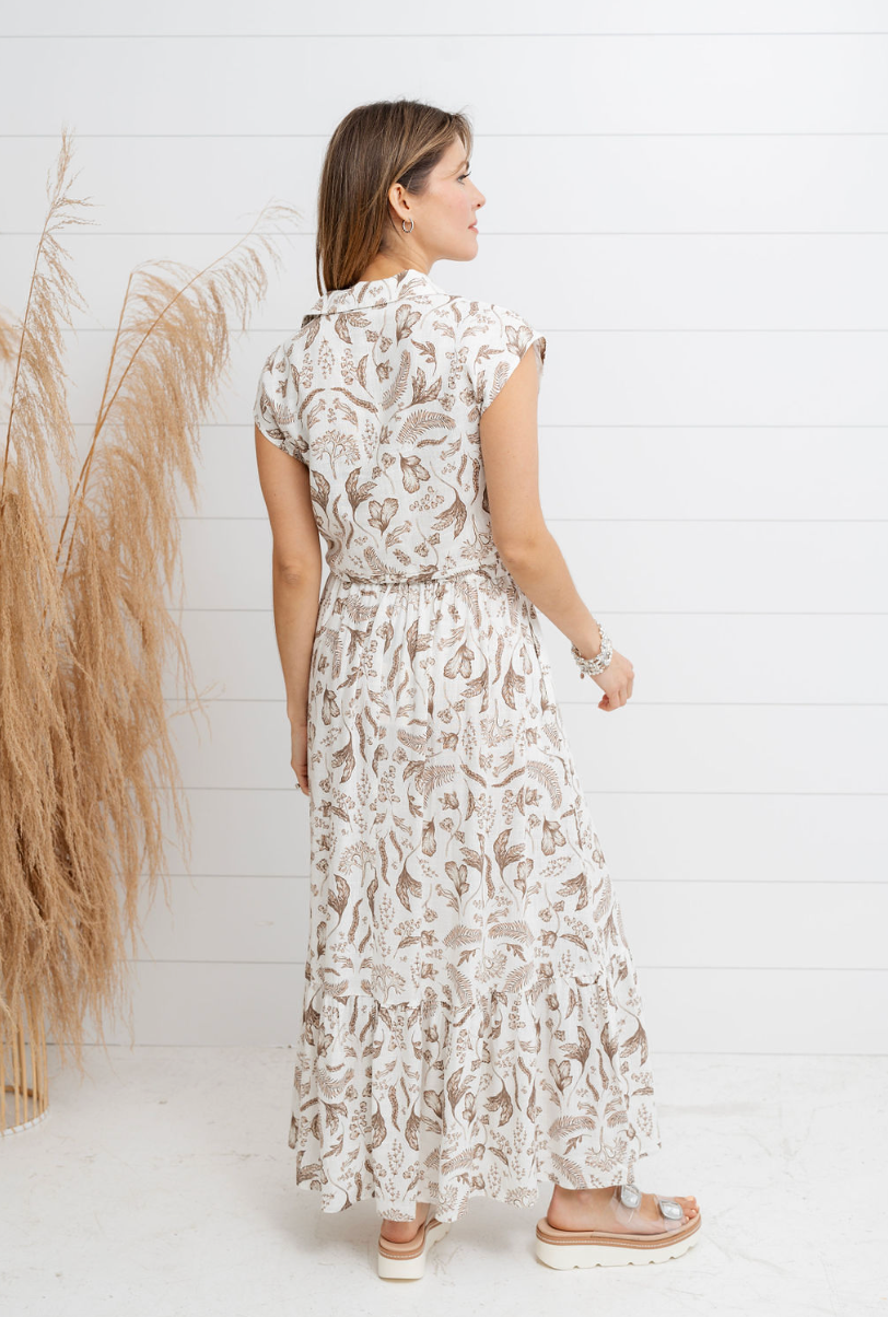 women's fashion skirt and matching top, drawstring, tiered skirt with a vintage-drawn botanical print, maxi length with elastic waist, shirt buttons down and has a collar