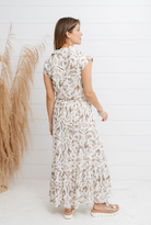 women's fashion skirt, drawstring, tiered skirt with a vintage-drawn botanical print, maxi length with elastic waist